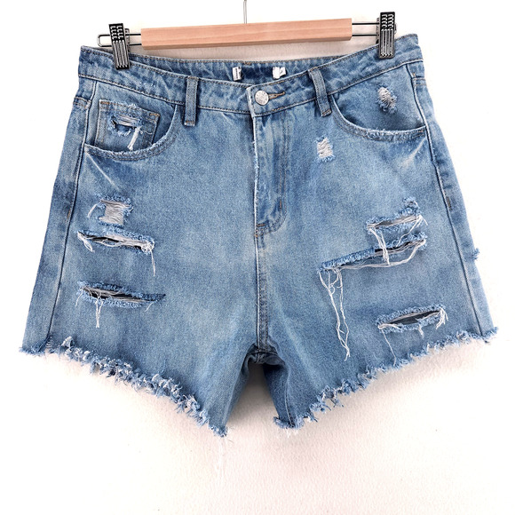 Denim Shorts High Rise Distressed Women's Blue Jean size large - Picture 1 of 8
